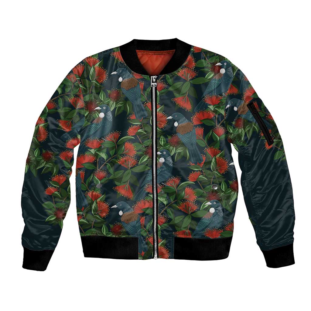New Zealand Christmas Sleeve Zip Bomber Jacket Romantic Tui Birds on Pohutukawa - Cobalt LT7 Unisex Cobalt - Polynesian Pride