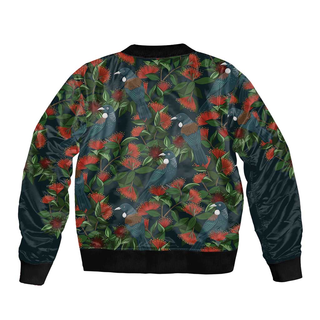New Zealand Christmas Sleeve Zip Bomber Jacket Romantic Tui Birds on Pohutukawa - Cobalt LT7 - Polynesian Pride
