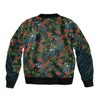 New Zealand Christmas Sleeve Zip Bomber Jacket Romantic Tui Birds on Pohutukawa - Cobalt LT7 - Polynesian Pride