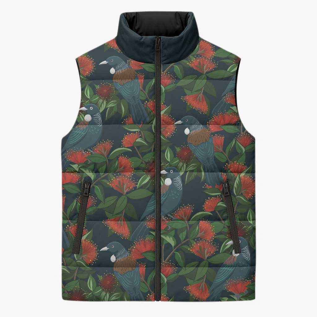 New Zealand Christmas Sleeveless Puffer Jacket Romantic Tui Birds on Pohutukawa - Cobalt - Polynesian Pride