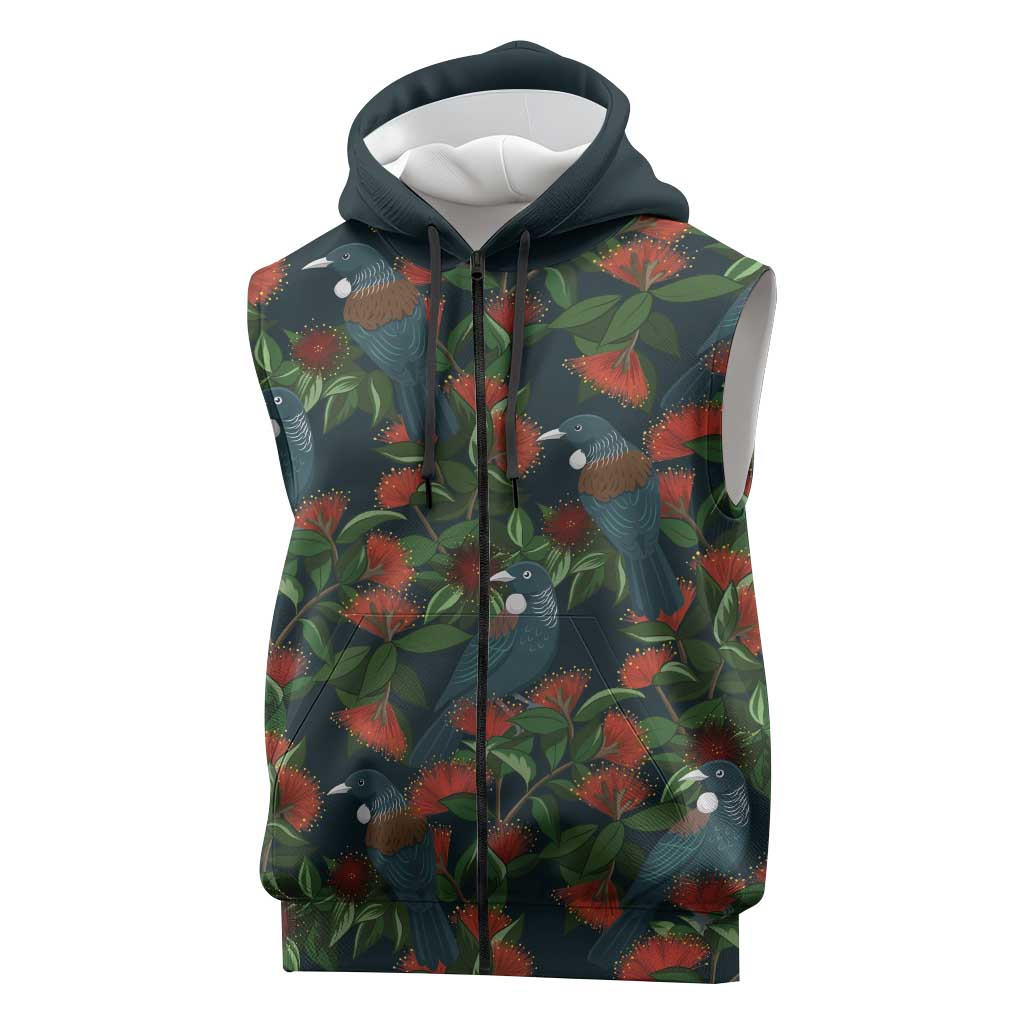 New Zealand Christmas Sleeveless Zip Hoodie Romantic Tui Birds on Pohutukawa - Cobalt - Polynesian Pride