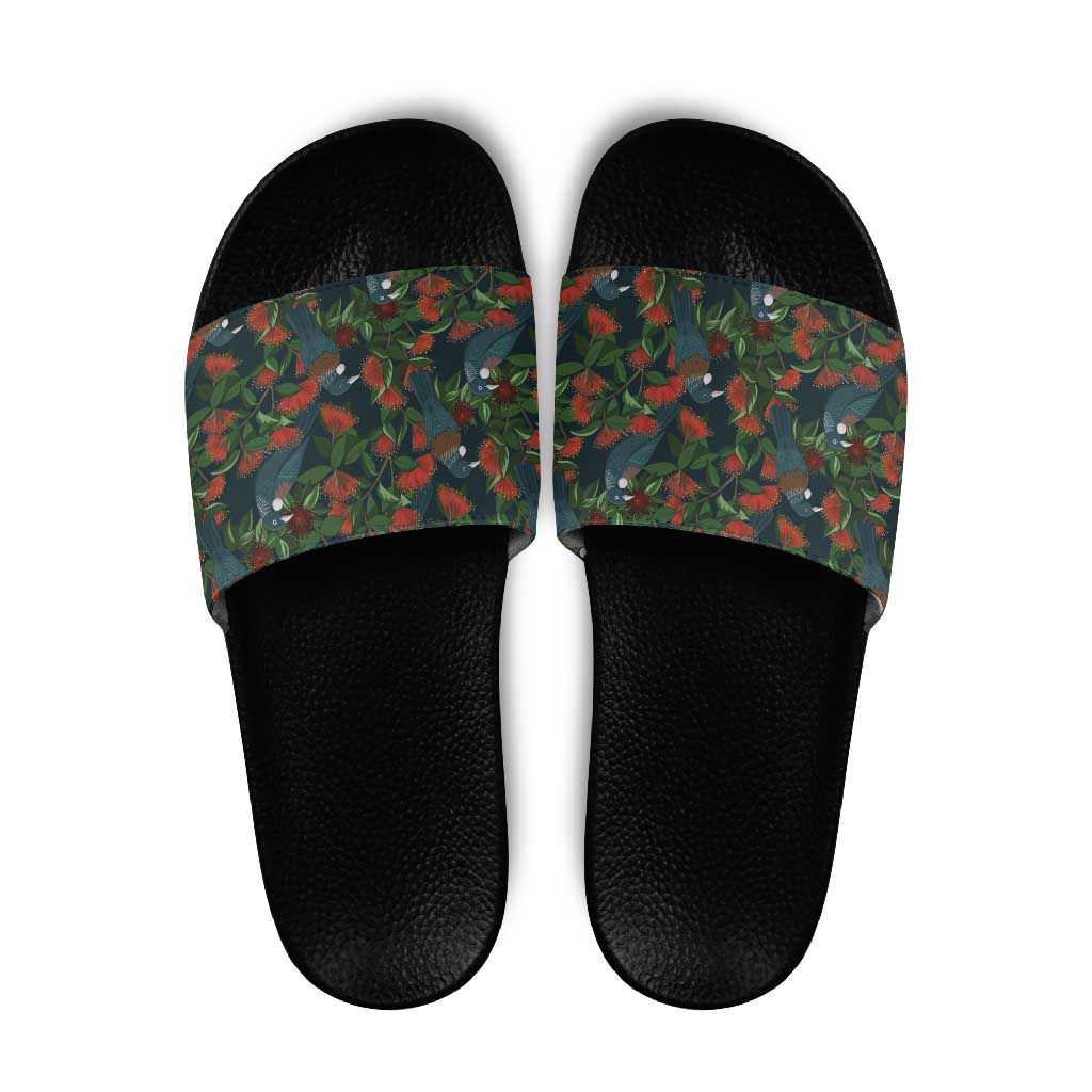 New Zealand Christmas Slide Sandals Romantic Tui Birds on Pohutukawa - Cobalt - Polynesian Pride