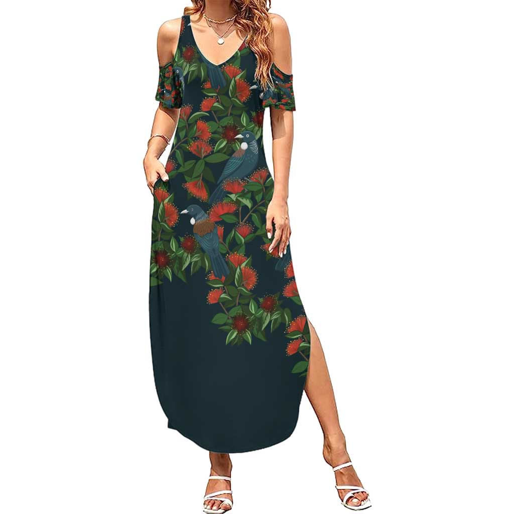 New Zealand Christmas Summer Maxi Dress Romantic Tui Birds on Pohutukawa - Cobalt LT7 Women Cobalt - Polynesian Pride