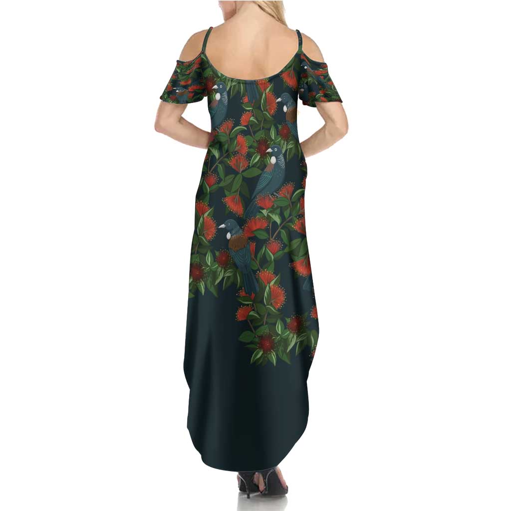 New Zealand Christmas Summer Maxi Dress Romantic Tui Birds on Pohutukawa - Cobalt LT7 - Polynesian Pride