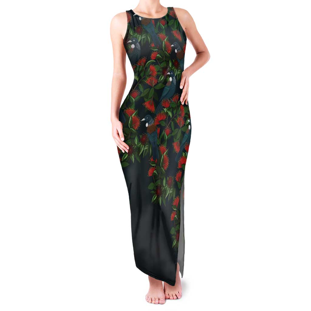 New Zealand Christmas Tank Maxi Dress Romantic Tui Birds on Pohutukawa - Cobalt LT7 Women Cobalt - Polynesian Pride