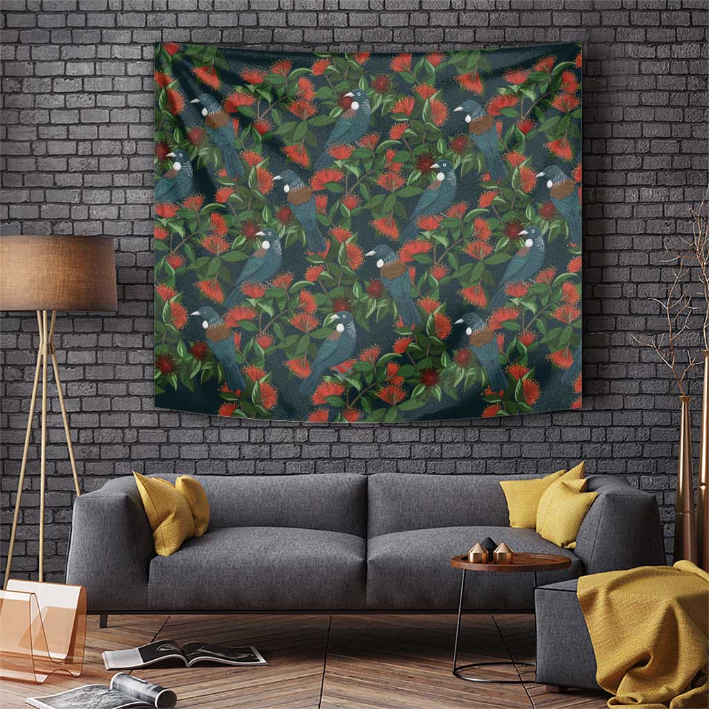 New Zealand Christmas Tapestry Romantic Tui Birds on Pohutukawa - Cobalt - Polynesian Pride