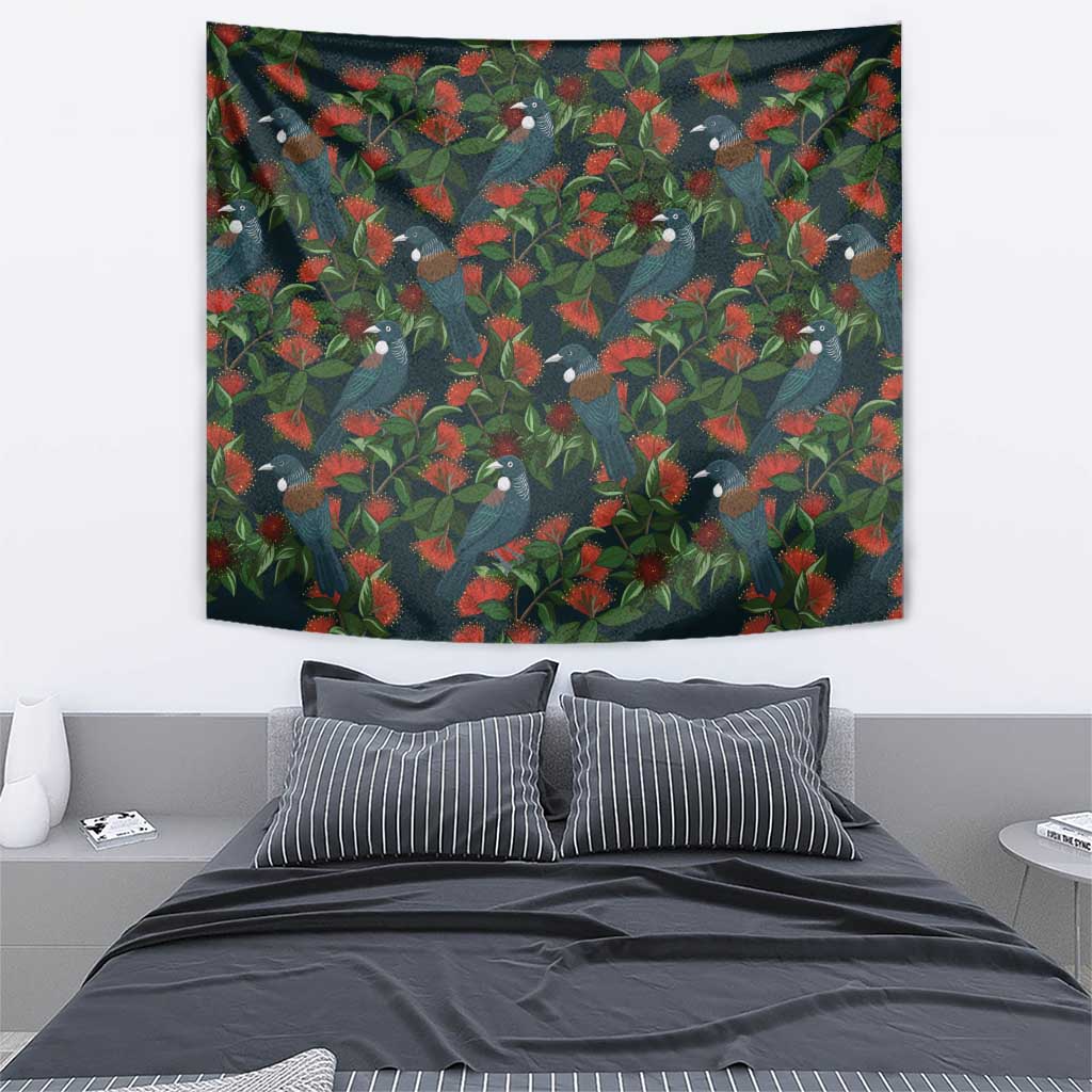 New Zealand Christmas Tapestry Romantic Tui Birds on Pohutukawa - Cobalt LT7 - Polynesian Pride