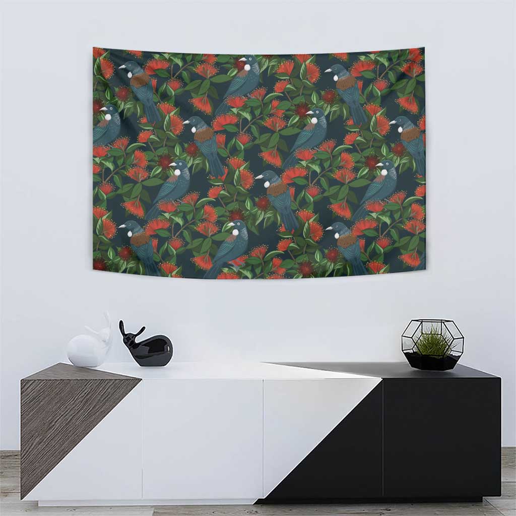 New Zealand Christmas Tapestry Romantic Tui Birds on Pohutukawa - Cobalt LT7 - Polynesian Pride
