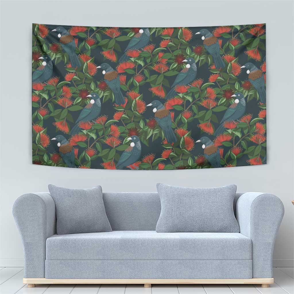 New Zealand Christmas Tapestry Romantic Tui Birds on Pohutukawa - Cobalt LT7 - Polynesian Pride