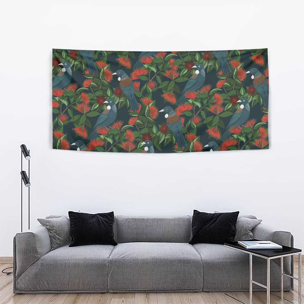New Zealand Christmas Tapestry Romantic Tui Birds on Pohutukawa - Cobalt LT7 - Polynesian Pride