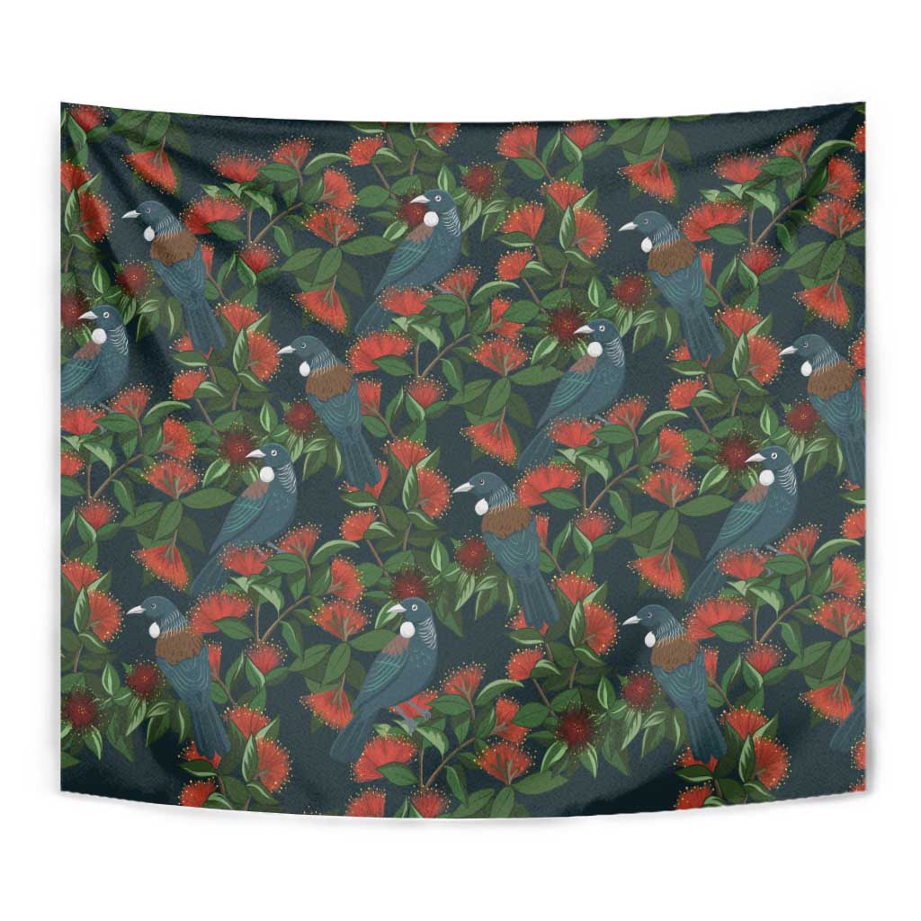 New Zealand Christmas Tapestry Romantic Tui Birds on Pohutukawa - Cobalt LT7 - Polynesian Pride