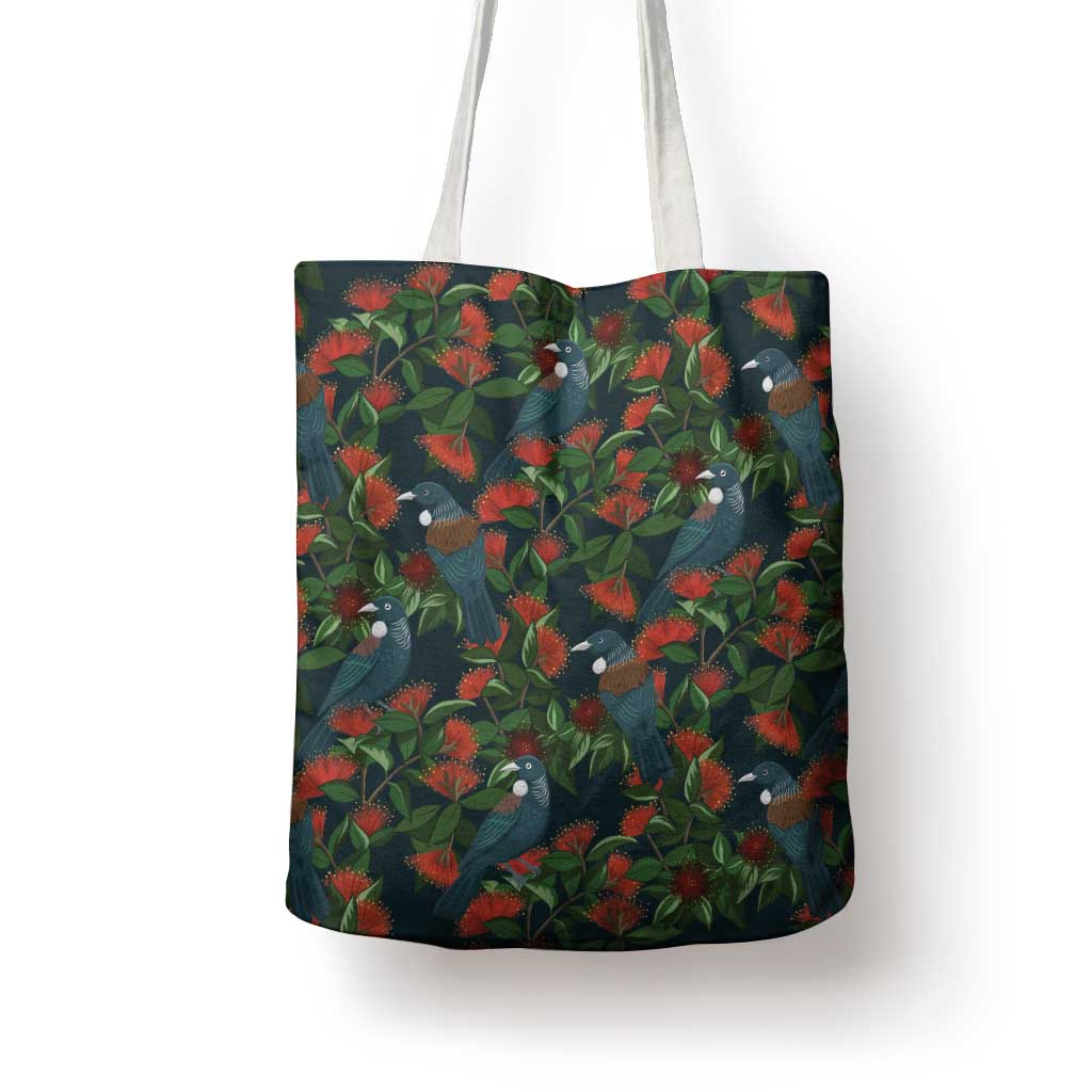 New Zealand Christmas Tote Bag Romantic Tui Birds on Pohutukawa - Cobalt - Polynesian Pride