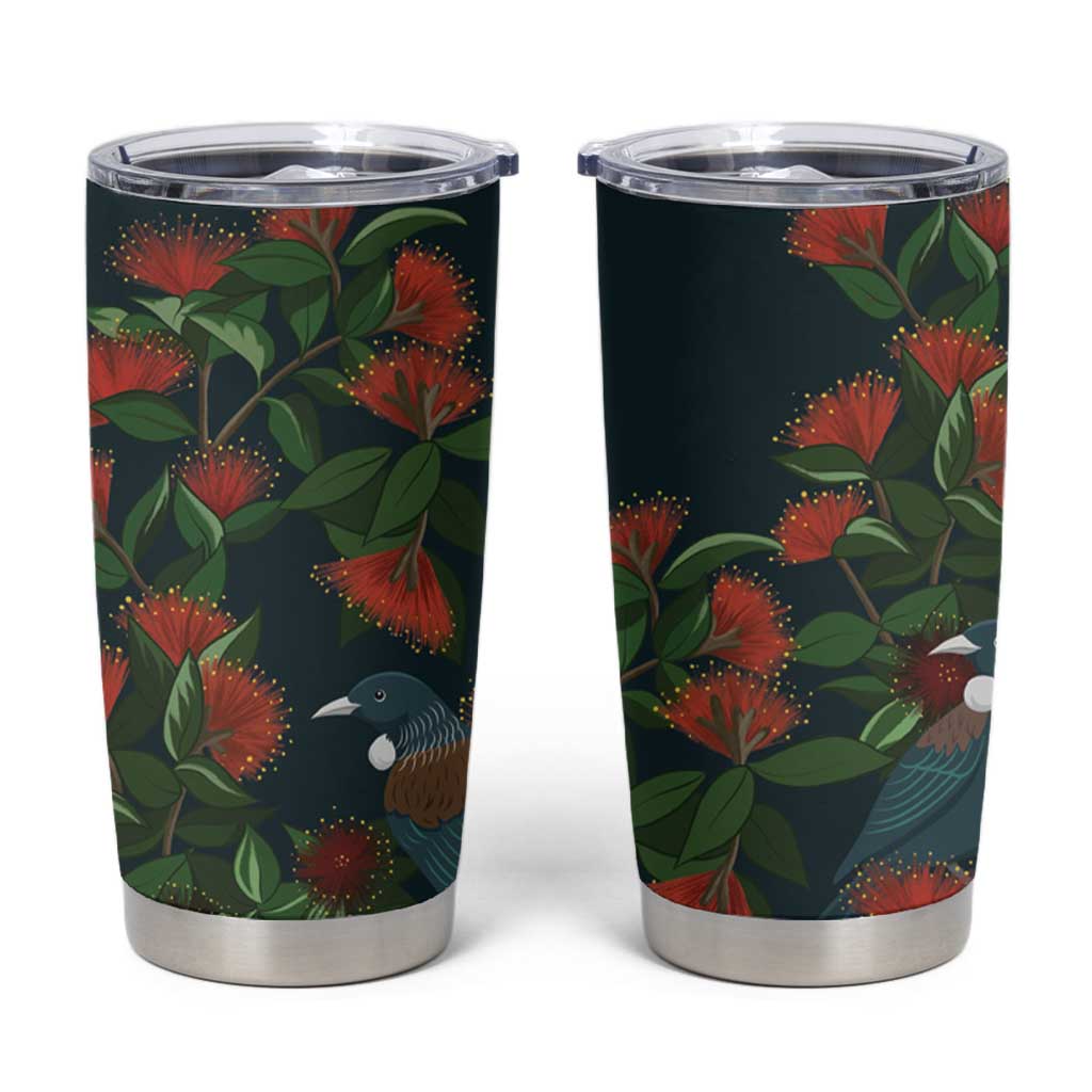 New Zealand Christmas Tumbler Cup Romantic Tui Birds on Pohutukawa - Cobalt - Polynesian Pride