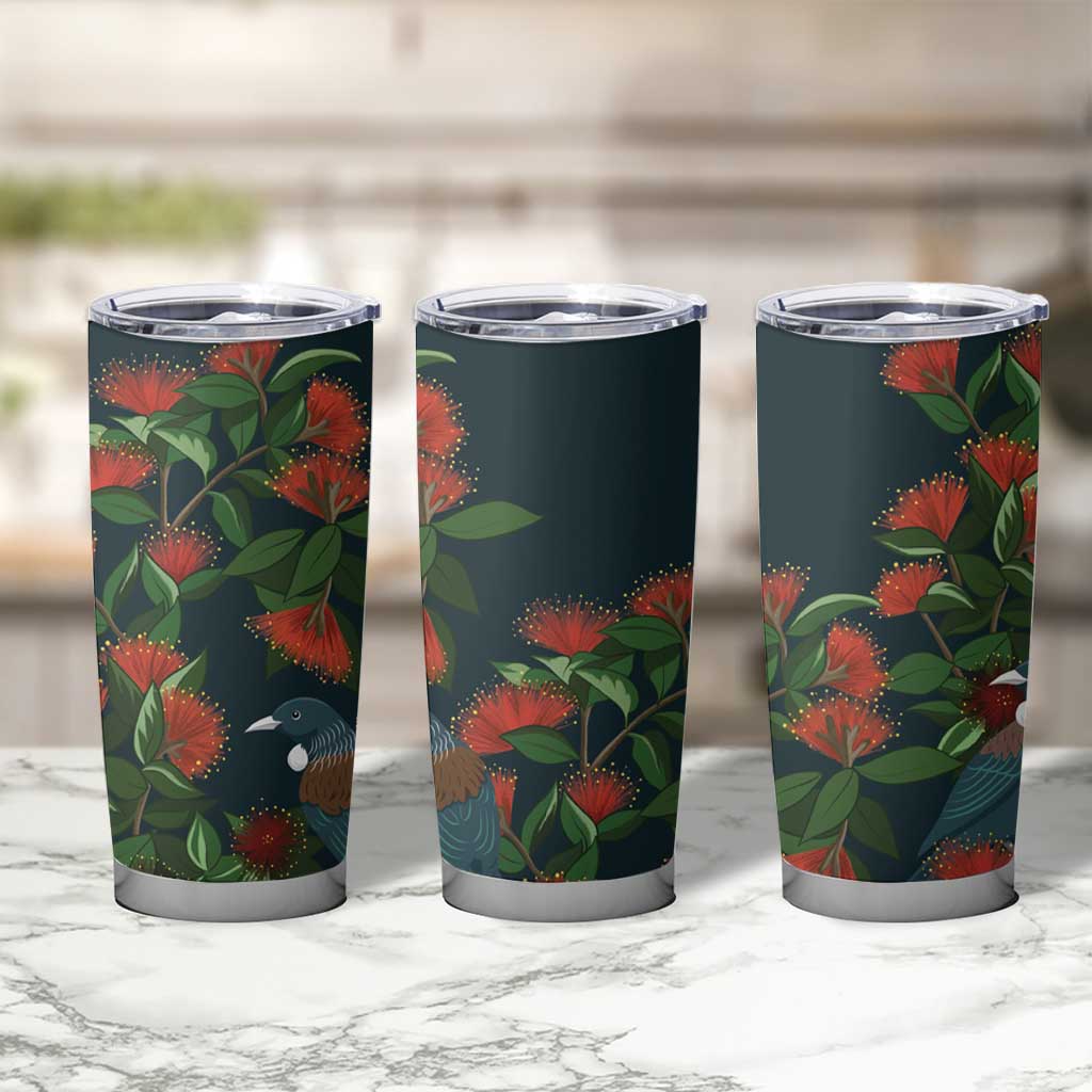 New Zealand Christmas Tumbler Cup Romantic Tui Birds on Pohutukawa - Cobalt - Polynesian Pride