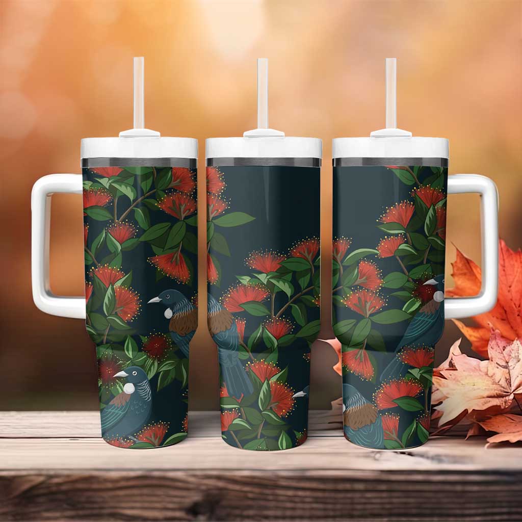 New Zealand Christmas Tumbler With Handle Romantic Tui Birds on Pohutukawa - Cobalt - Polynesian Pride