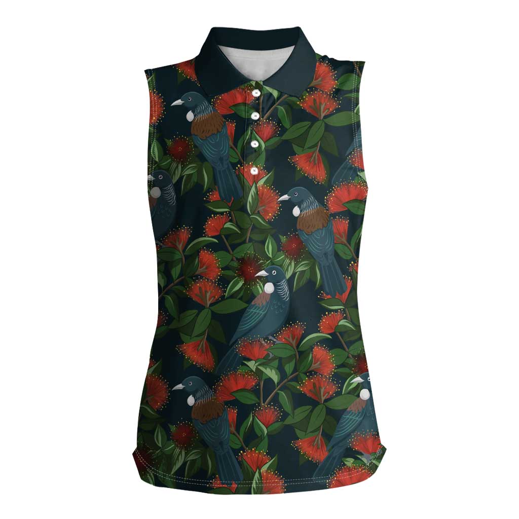 New Zealand Christmas Women Sleeveless Polo Shirt Romantic Tui Birds on Pohutukawa - Cobalt - Polynesian Pride