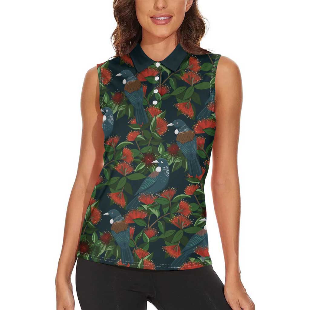 New Zealand Christmas Women Sleeveless Polo Shirt Romantic Tui Birds on Pohutukawa - Cobalt - Polynesian Pride