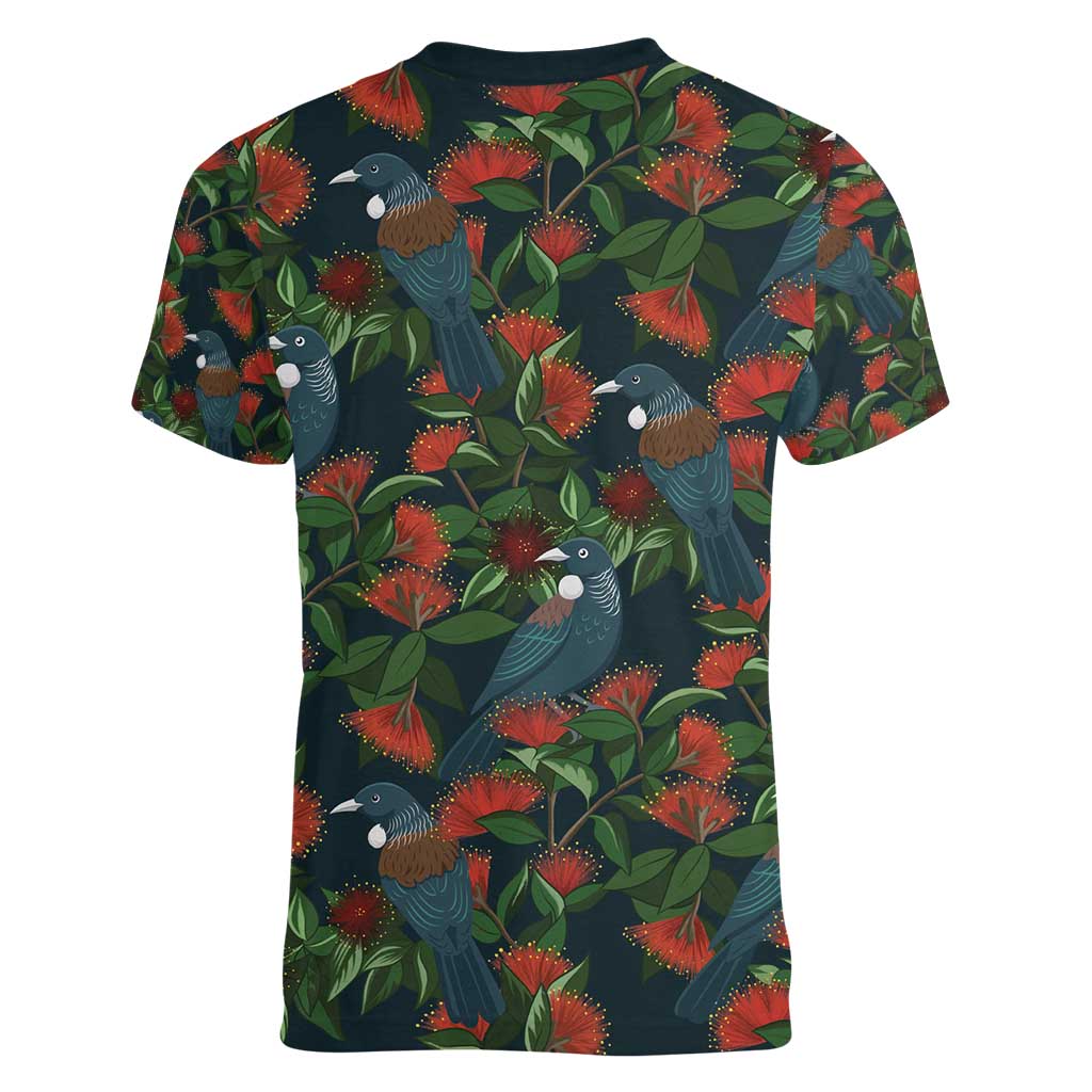 New Zealand Christmas Women V-Neck T-Shirt Romantic Tui Birds on Pohutukawa - Cobalt - Polynesian Pride
