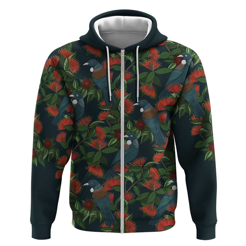 New Zealand Christmas Zip Hoodie Romantic Tui Birds on Pohutukawa - Cobalt - Polynesian Pride