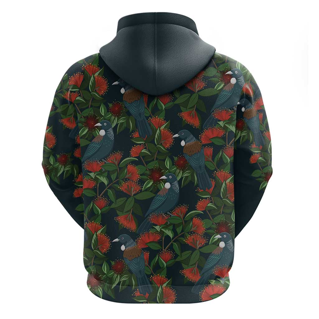 New Zealand Christmas Zip Hoodie Romantic Tui Birds on Pohutukawa - Cobalt LT7 - Polynesian Pride