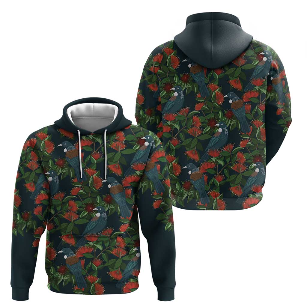 New Zealand Christmas Zip Hoodie Romantic Tui Birds on Pohutukawa - Cobalt LT7 - Polynesian Pride