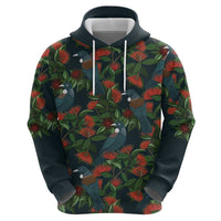 New Zealand Christmas Zip Hoodie Romantic Tui Birds on Pohutukawa - Cobalt LT7 - Polynesian Pride