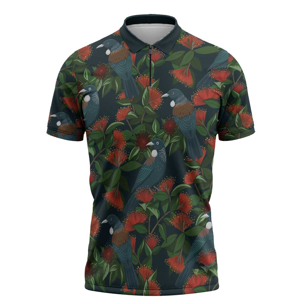 New Zealand Christmas Zipper Polo Shirt Romantic Tui Birds on Pohutukawa - Cobalt - Polynesian Pride