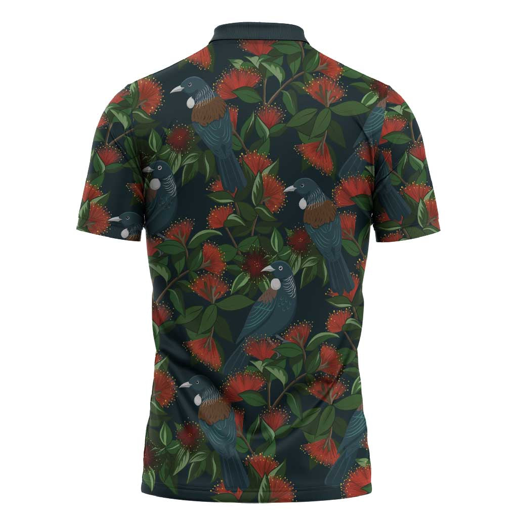 New Zealand Christmas Zipper Polo Shirt Romantic Tui Birds on Pohutukawa - Cobalt - Polynesian Pride