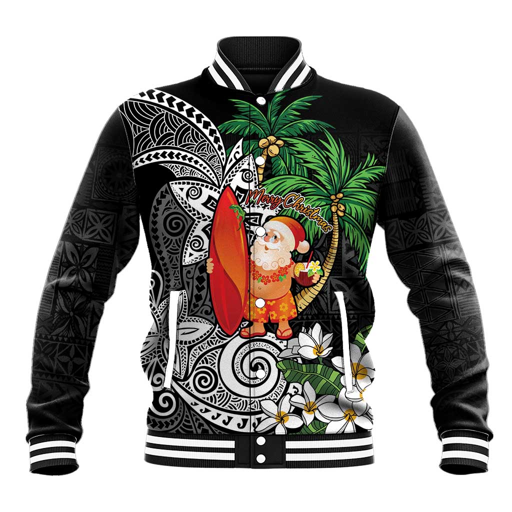 Polynesian Baseball Jacket Tropical Santa - Plumeria Black Vintage