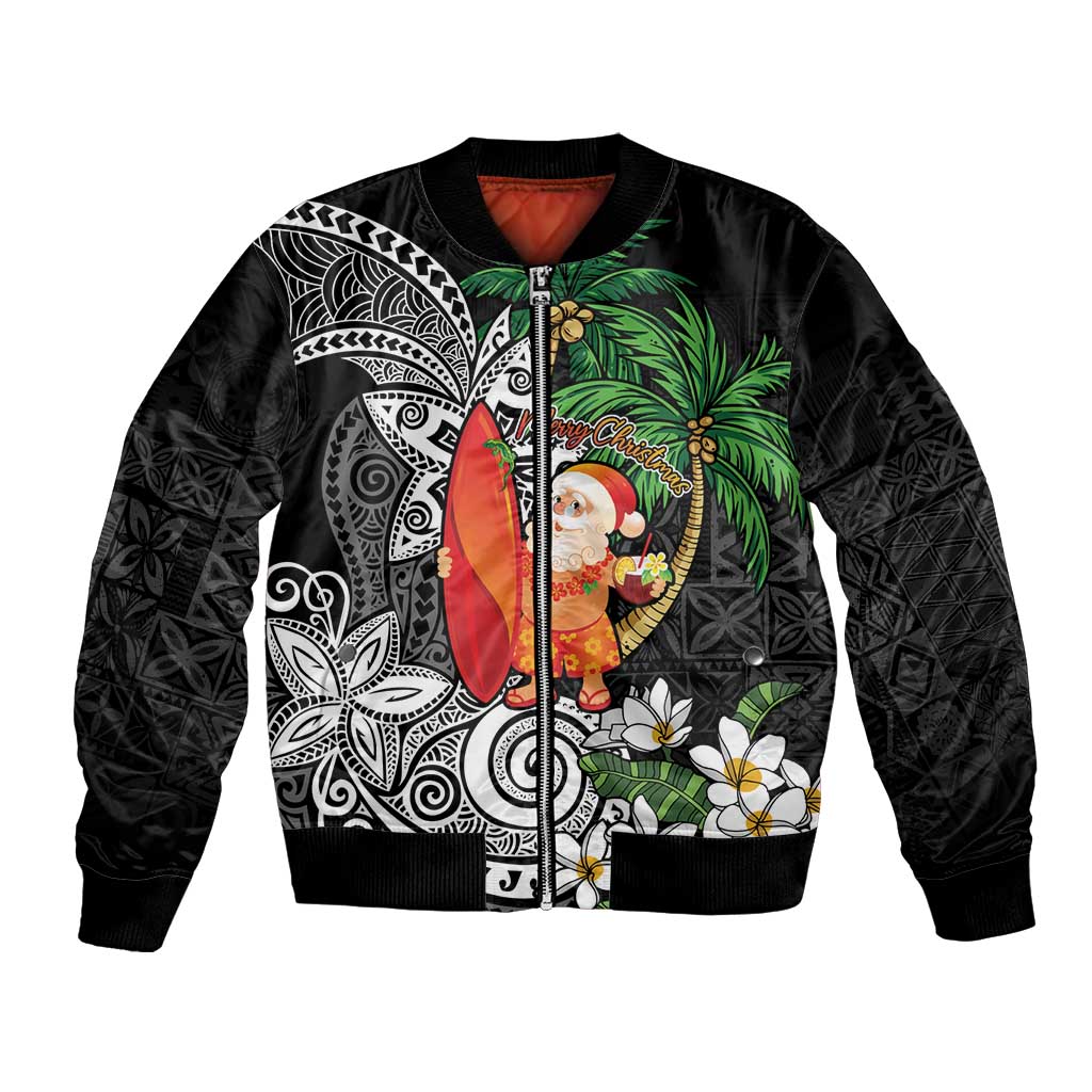 Polynesian Bomber Jacket Tropical Santa - Plumeria Black Vintage LT7 Unisex Black - Polynesian Pride