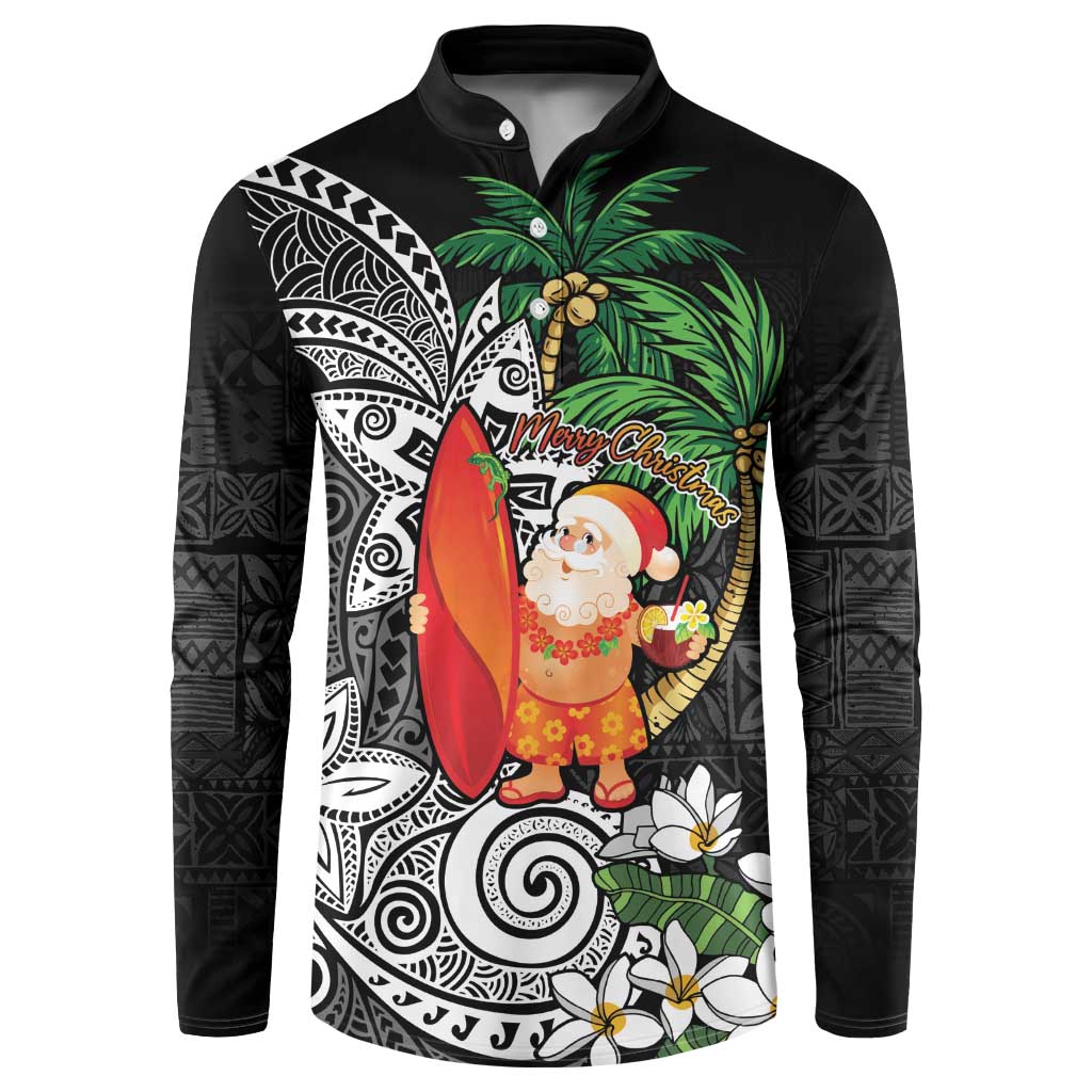 Polynesian Button Sweatshirt Tropical Santa - Plumeria Black Vintage LT7 Black - Polynesian Pride