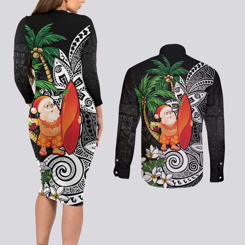 Polynesian Couples Matching Long Sleeve Bodycon Dress and Long Sleeve Button Shirt Tropical Santa - Plumeria Black Vintage