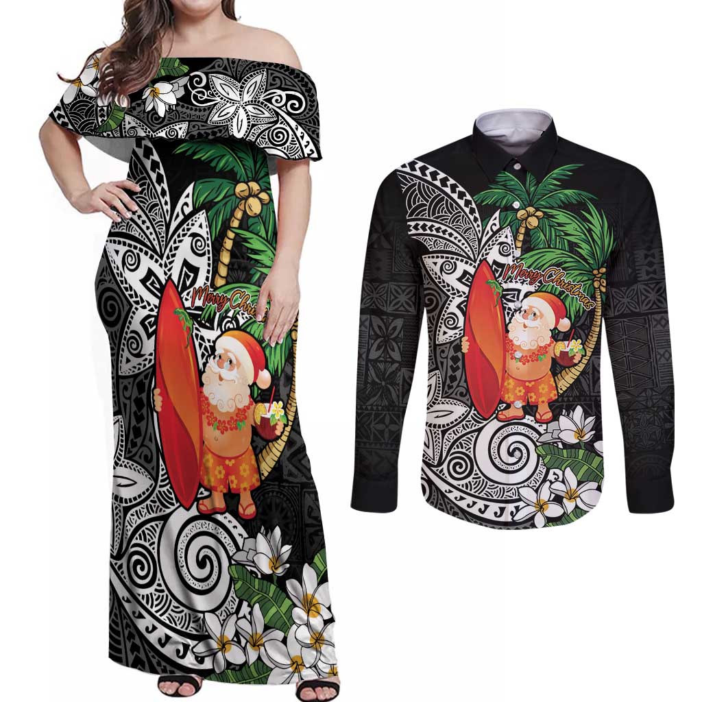 Polynesian Couples Matching Off Shoulder Maxi Dress and Long Sleeve Button Shirt Tropical Santa - Plumeria Black Vintage