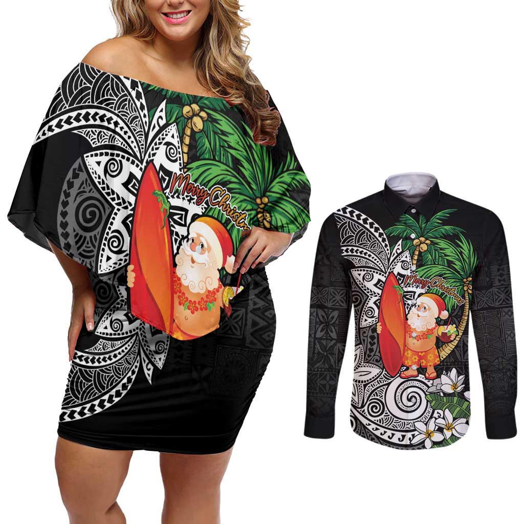 Polynesian Couples Matching Off Shoulder Short Dress and Long Sleeve Button Shirt Tropical Santa - Plumeria Black Vintage