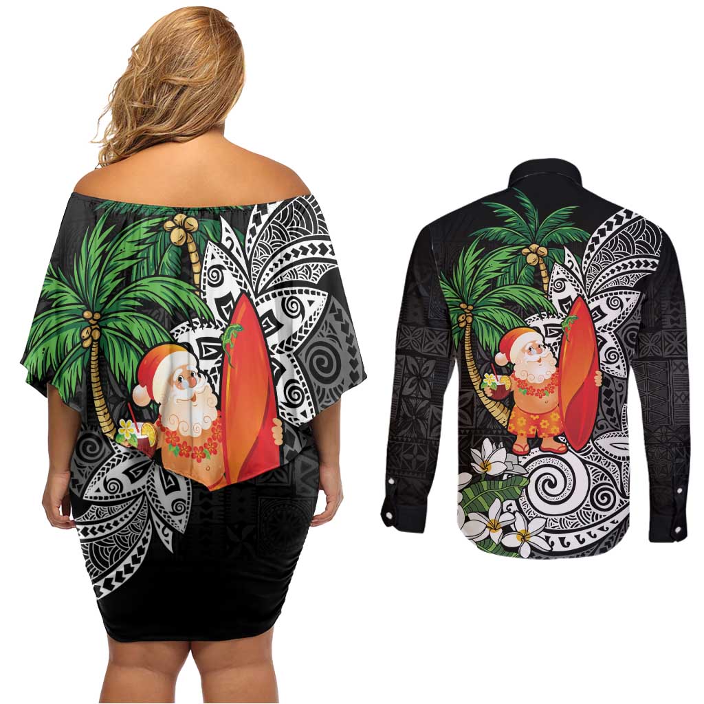 Polynesian Couples Matching Off Shoulder Short Dress and Long Sleeve Button Shirt Tropical Santa - Plumeria Black Vintage