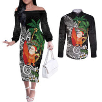 Polynesian Couples Matching Off The Shoulder Long Sleeve Dress and Long Sleeve Button Shirt Tropical Santa - Plumeria Black Vintage