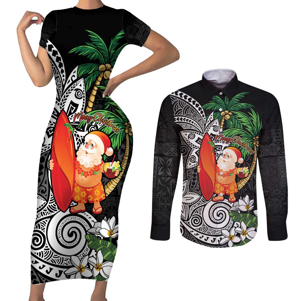 Polynesian Couples Matching Short Sleeve Bodycon Dress and Long Sleeve Button Shirt Tropical Santa - Plumeria Black Vintage