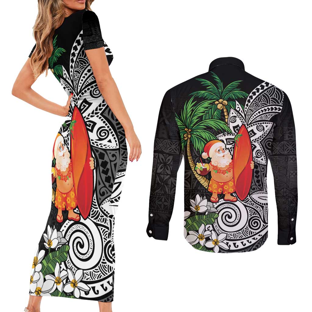 Polynesian Couples Matching Short Sleeve Bodycon Dress and Long Sleeve Button Shirt Tropical Santa - Plumeria Black Vintage