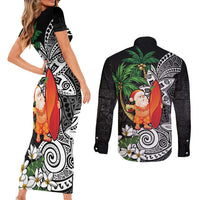 Polynesian Couples Matching Short Sleeve Bodycon Dress and Long Sleeve Button Shirt Tropical Santa - Plumeria Black Vintage