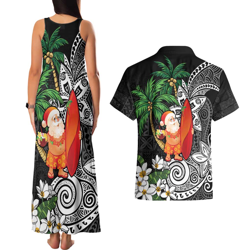 Polynesian Couples Matching Tank Maxi Dress and Hawaiian Shirt Tropical Santa - Plumeria Black Vintage