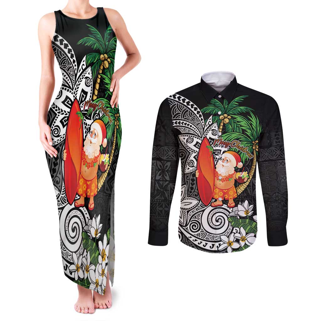 Polynesian Couples Matching Tank Maxi Dress and Long Sleeve Button Shirt Tropical Santa - Plumeria Black Vintage