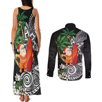 Polynesian Couples Matching Tank Maxi Dress and Long Sleeve Button Shirt Tropical Santa - Plumeria Black Vintage