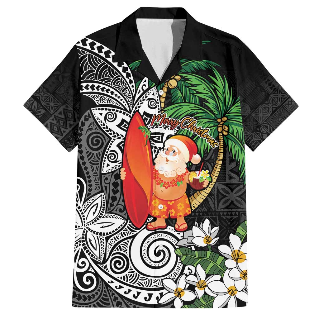 Polynesian Family Matching Puletasi and Hawaiian Shirt Tropical Santa - Plumeria Black Vintage