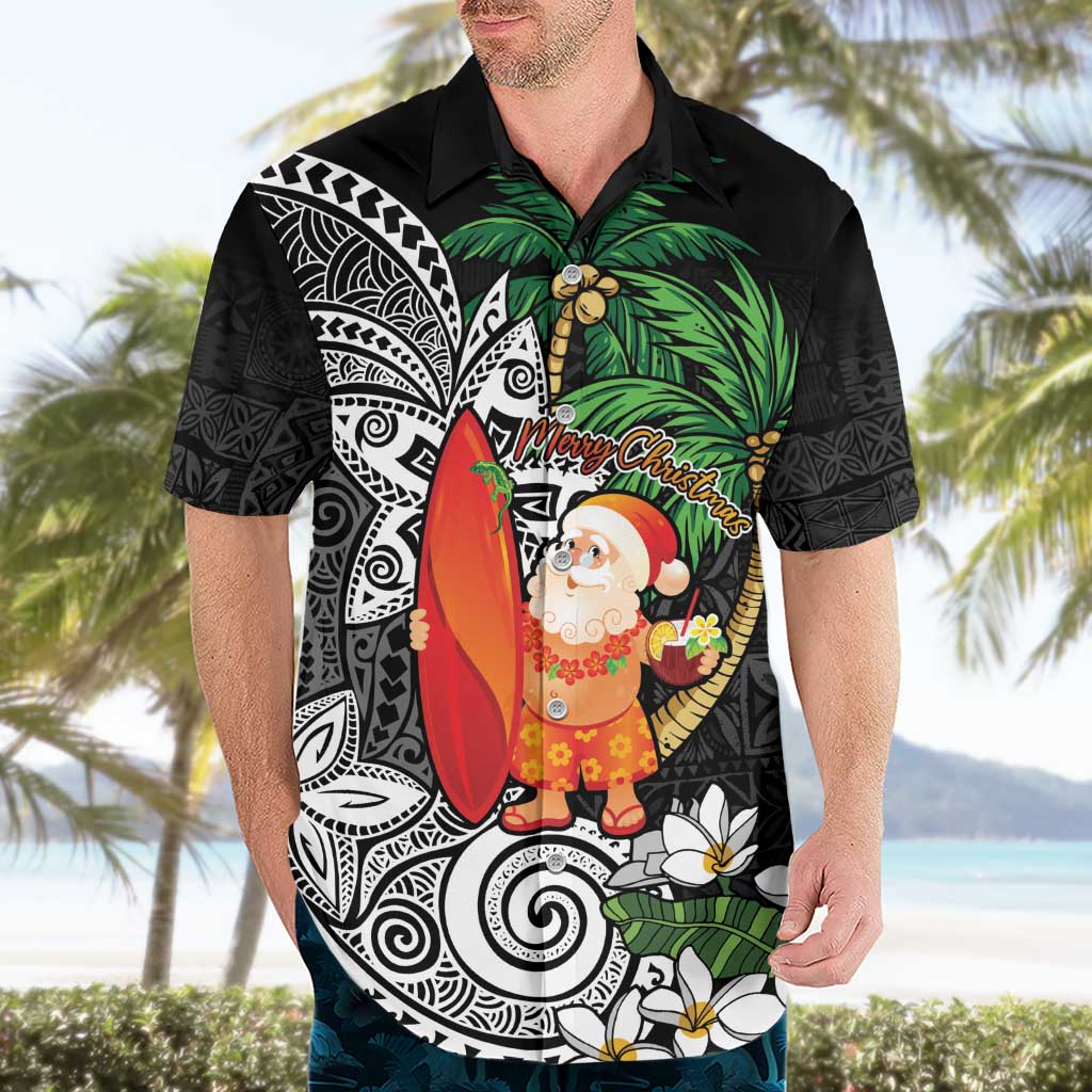Polynesian Hawaiian Shirt Tropical Santa - Plumeria Black Vintage