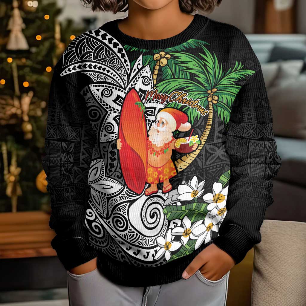 Polynesian Kid Ugly Christmas Sweater Tropical Santa - Plumeria Black Vintage