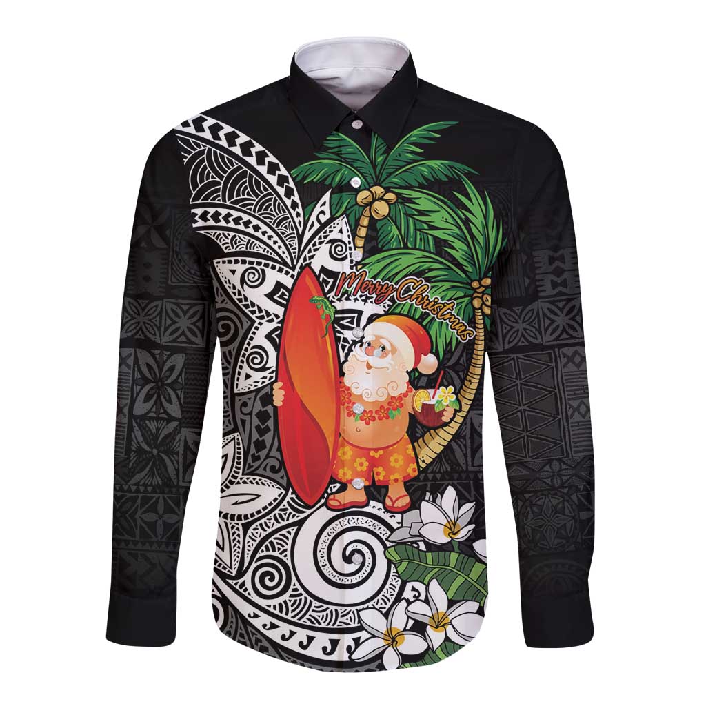 Polynesian Long Sleeve Button Shirt Tropical Santa - Plumeria Black Vintage LT7 Unisex Black - Polynesian Pride