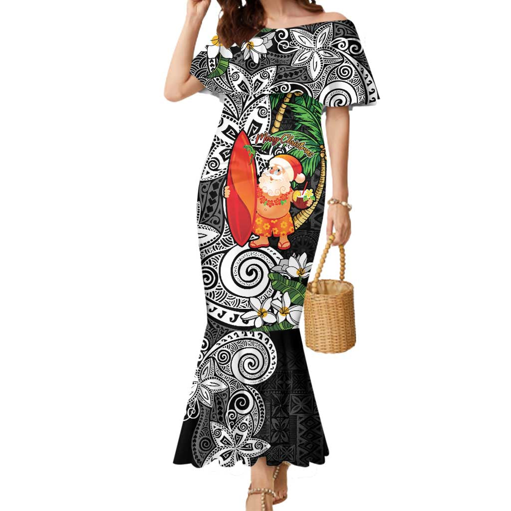 Polynesian Mermaid Dress Tropical Santa - Plumeria Black Vintage