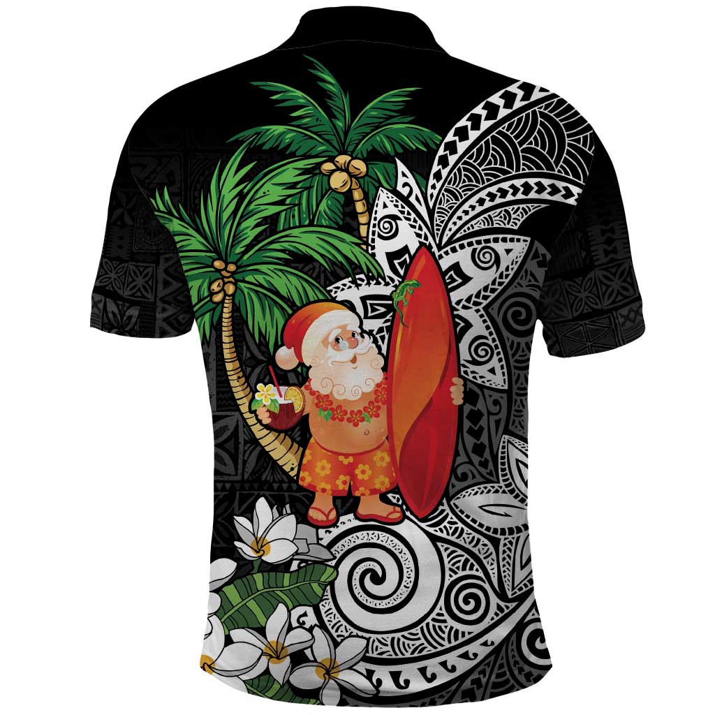 Polynesian Polo Shirt Tropical Santa - Plumeria Black Vintage