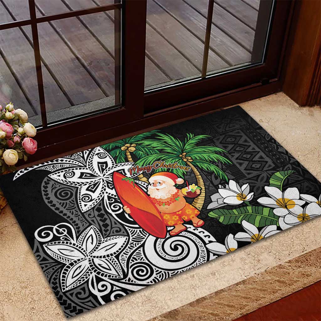 Polynesian Rubber Doormat Tropical Santa - Plumeria Black Vintage