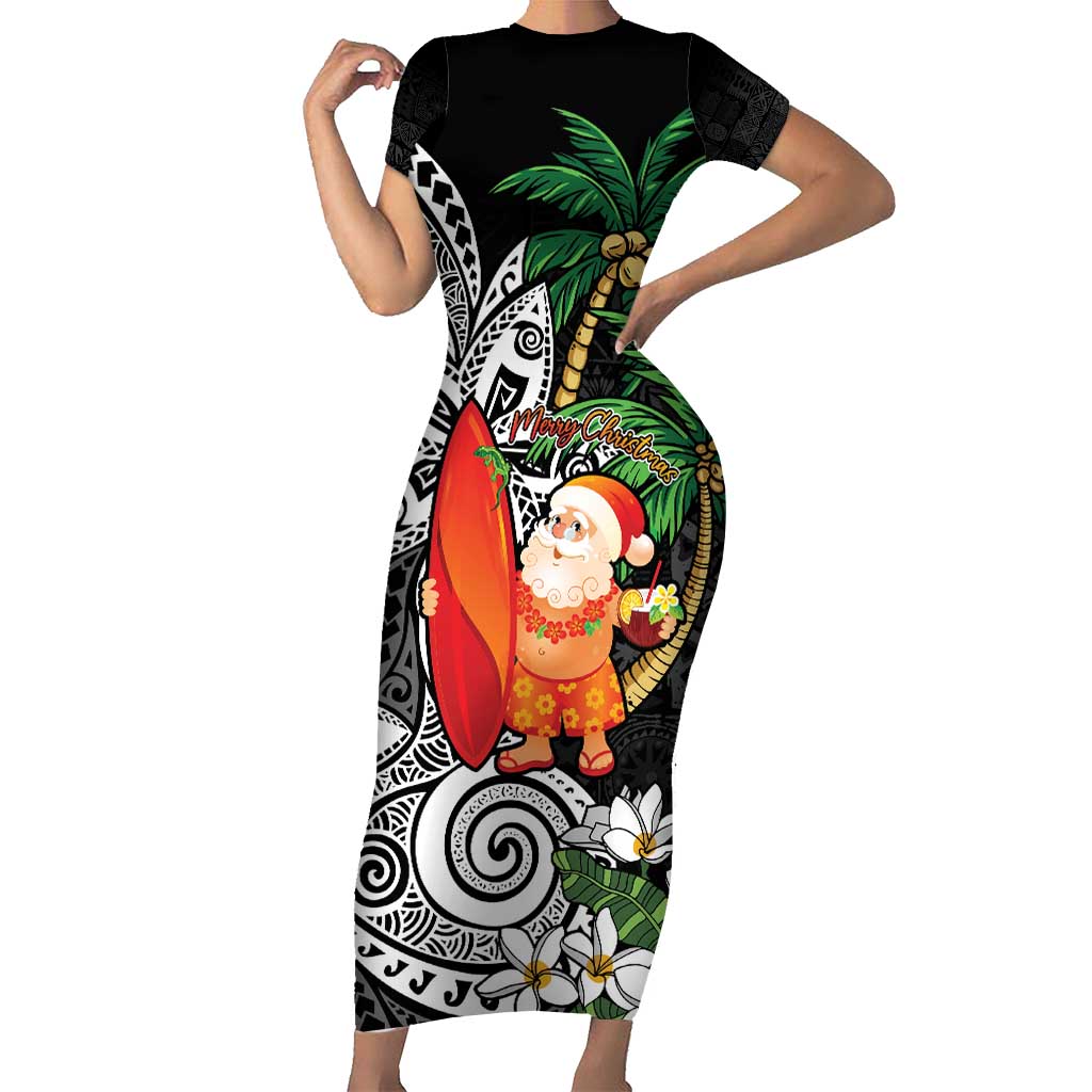 Polynesian Short Sleeve Bodycon Dress Tropical Santa - Plumeria Black Vintage